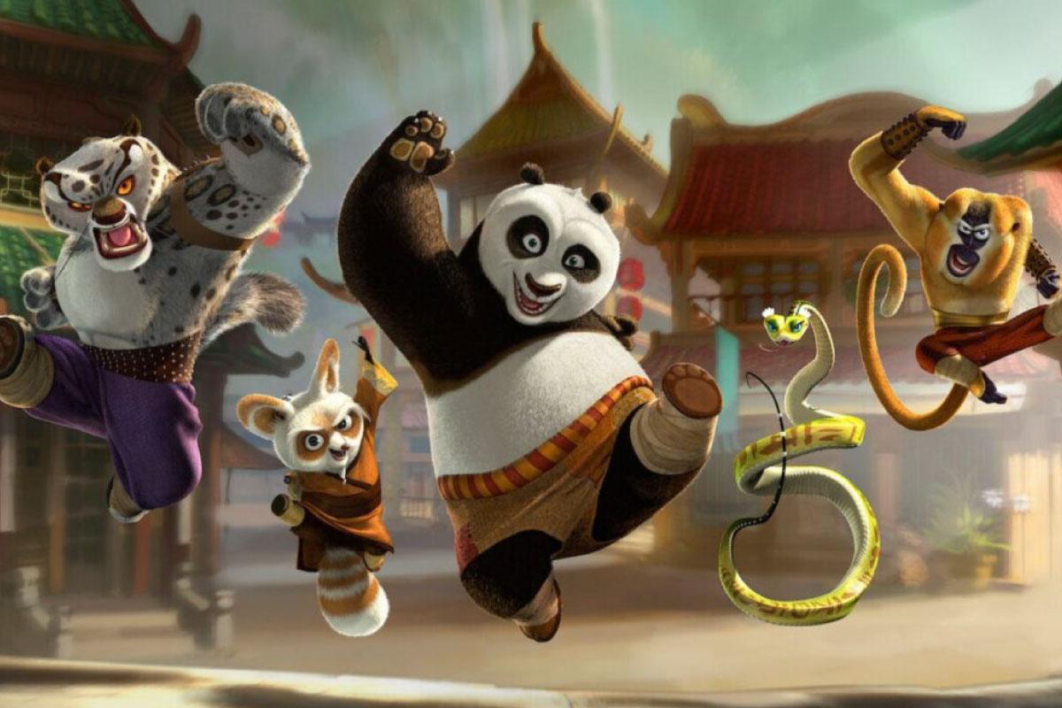 Various characters from the Kung Fu Panda movie jumping in the air