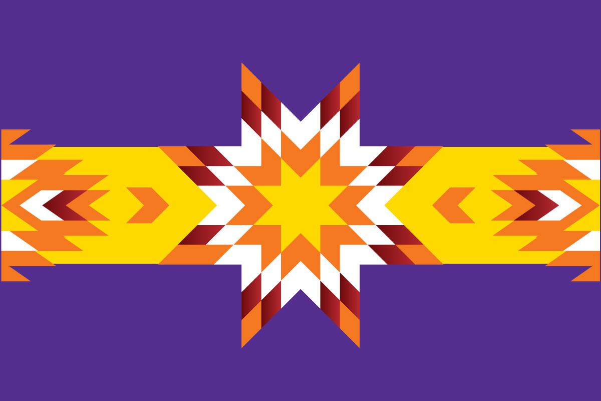紫色背景与黄色，橙色和白色部落印花在顶部.